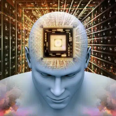 Processzor illusztrációja az emberi agyban, mely a biohacking futurisztikus, technológiai természetére utal